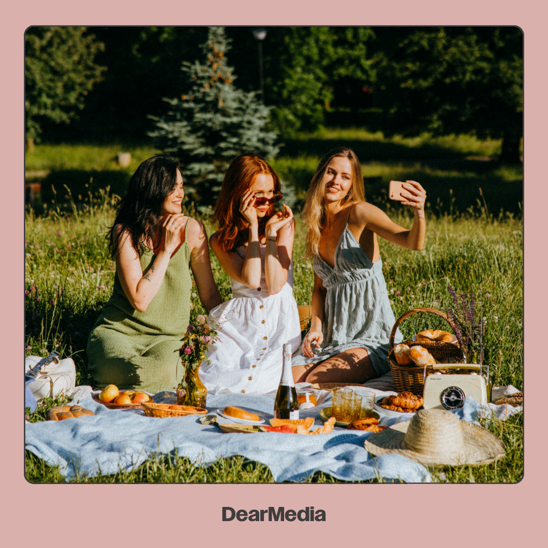 Three Girls Taking Selfies and Having Picnic