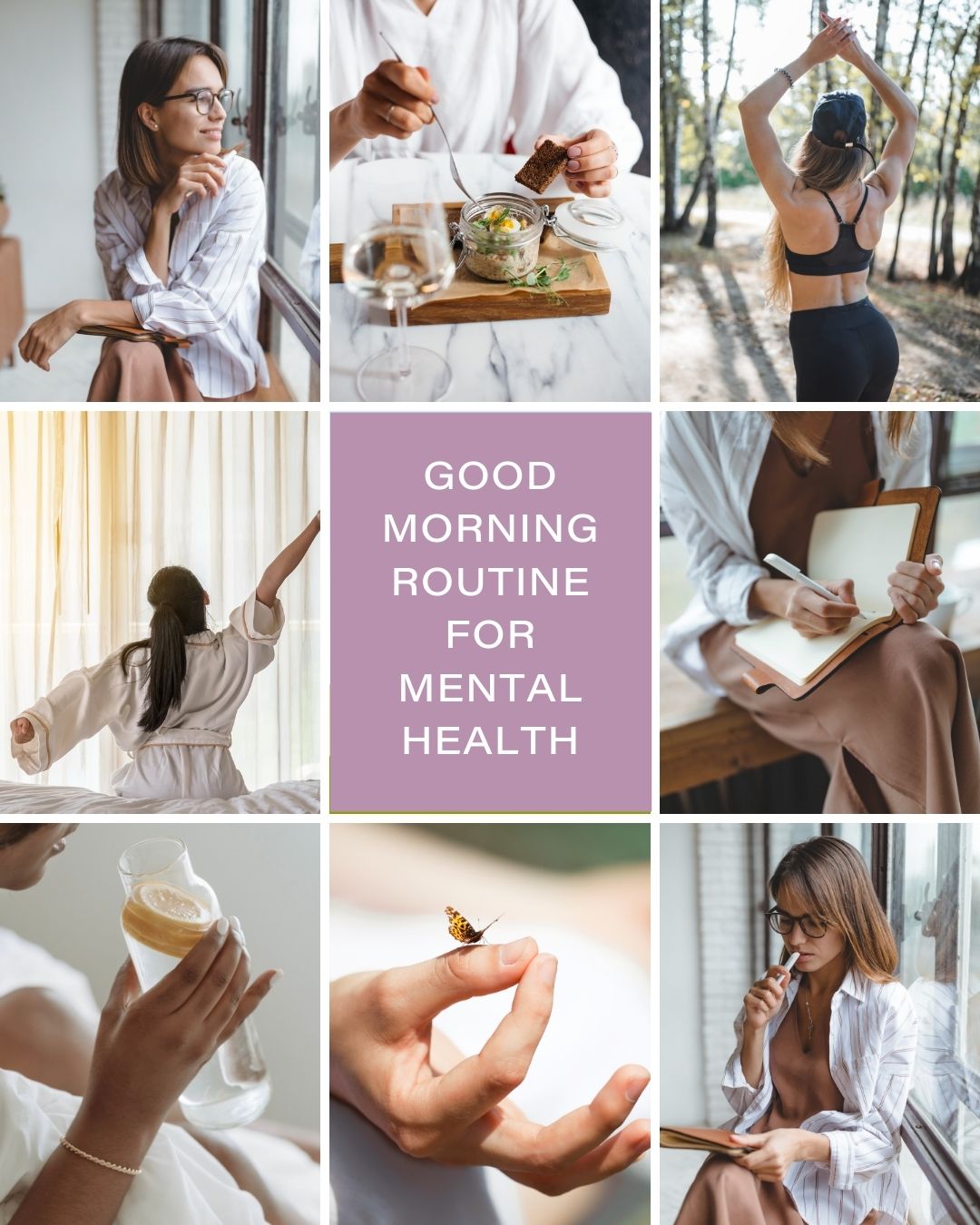 Depictions of a good morning routine for mental health. A woman journaling. A woman eating breakfast. 